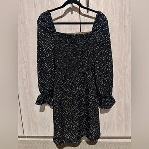 Womens Polka Dot Long Sleeve High Waist Smocked Ruffle Swing Short Dress - L